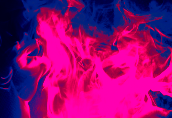 Hot pink flames over a deep blue backdrop.